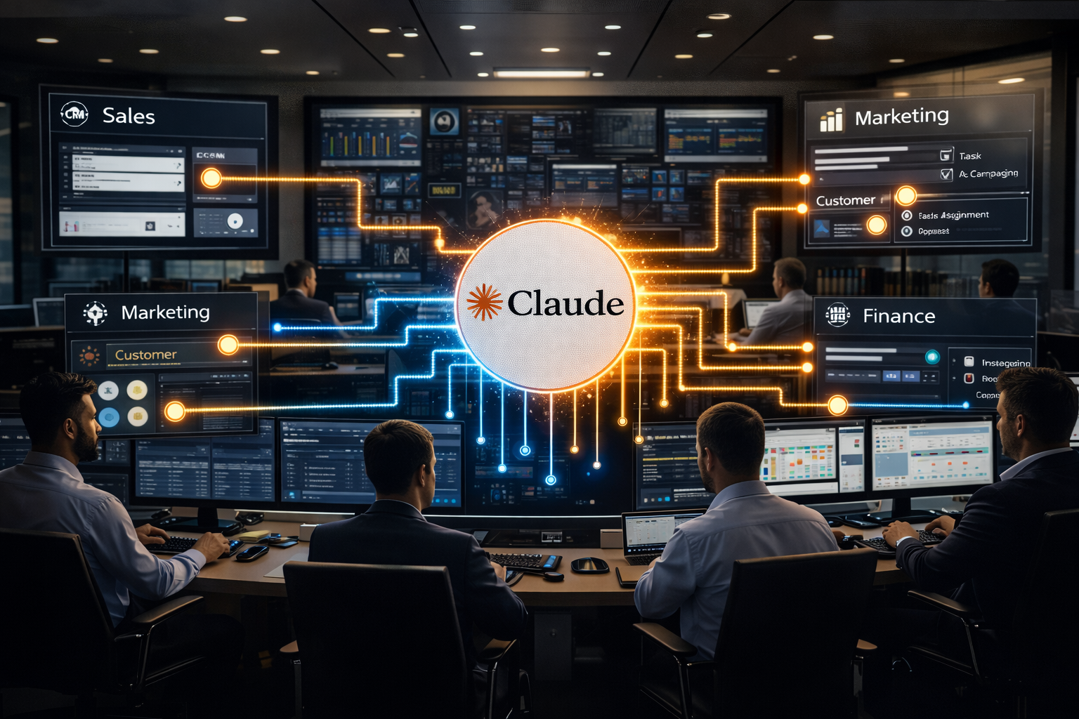 Claude AI autonomously executing workflows across business operations in a modern enterprise environment